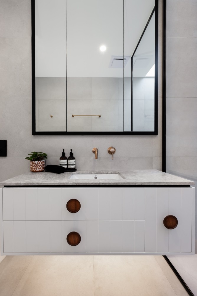 White and Walnut a perfect combination of an Elegant Look for this Powder Room Drawer